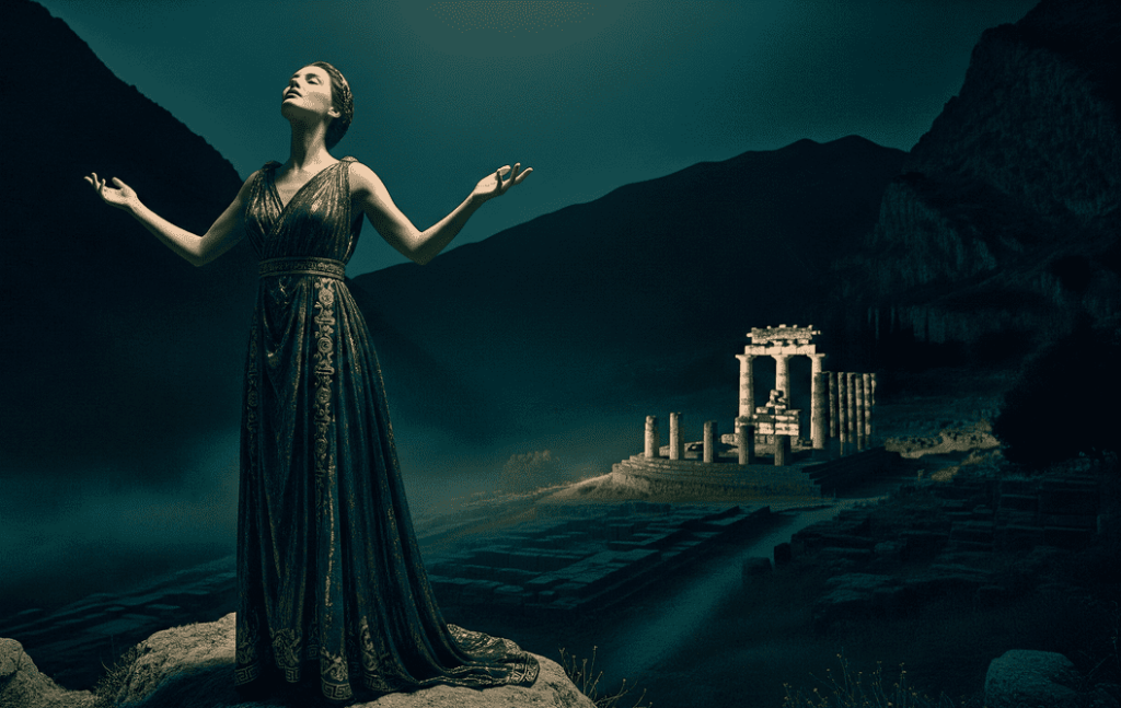 A woman in an ornate, dark green ancient-style gown stands on a rock with arms raised toward the sky, illuminated against a mountainous night landscape. Behind her, the ruins of the Temple of Apollo at Delphi glow softly, surrounded by mist.