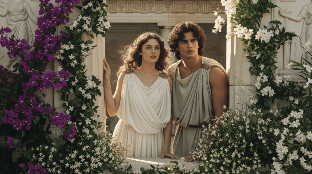 Two young figures dressed in ancient-style garments stand together in a marble courtyard framed with blooming purple and white flowers. The woman, in a white draped gown with gold clasps, looks ahead with a calm but intent expression. The man, in a light gray tunic, leans forward slightly, his gaze fixed in the same direction. Their pose and setting evoke a classical scene of myth or romance.