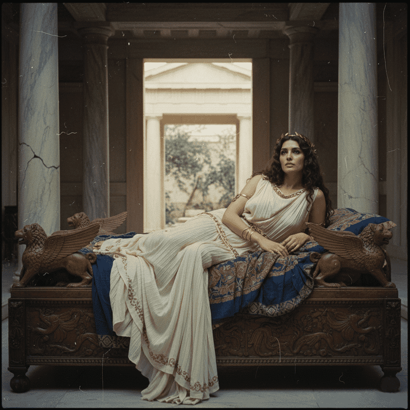 A woman dressed in ancient Greek attire reclining on an ornate, carved daybed inside a hall with marble columns.